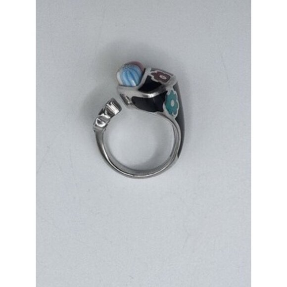 Vintage Millefiori Murano Glass & Enamel Toi Et Moi Sterling Silver Ring Size 8 - Picture 5 of 9